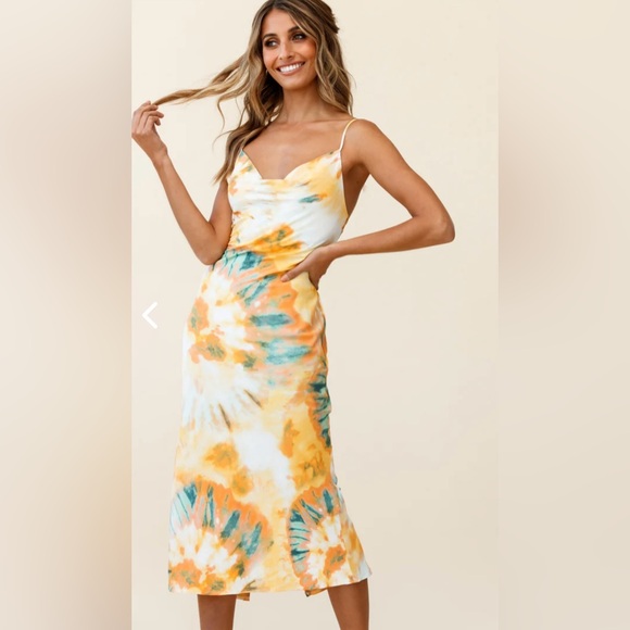 SELFIE LESLIE Tie-Dye Midi Dress in Orange & Green Cowl Neck Midi Dress SIZE M - Picture 2 of 3